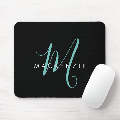 Elegant Modern Black Teal Script Monogram Mouse Pad