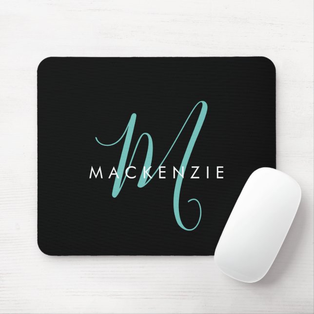 Elegant Modern Black Teal Script Monogram Mouse Pad (With Mouse)