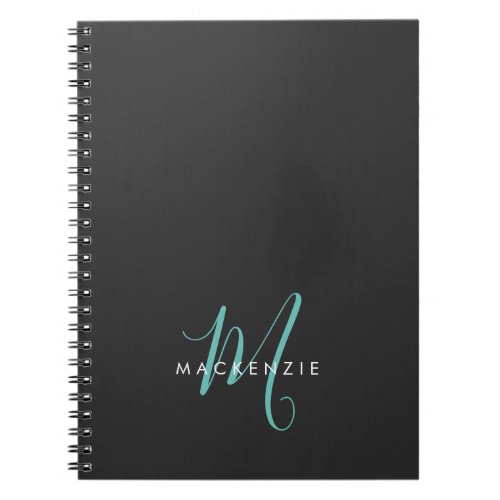 Elegant Modern Black Teal Script Monogram Notebook