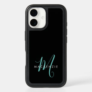 Elegant Modern Black Teal Script Monogram iPhone 16 Case