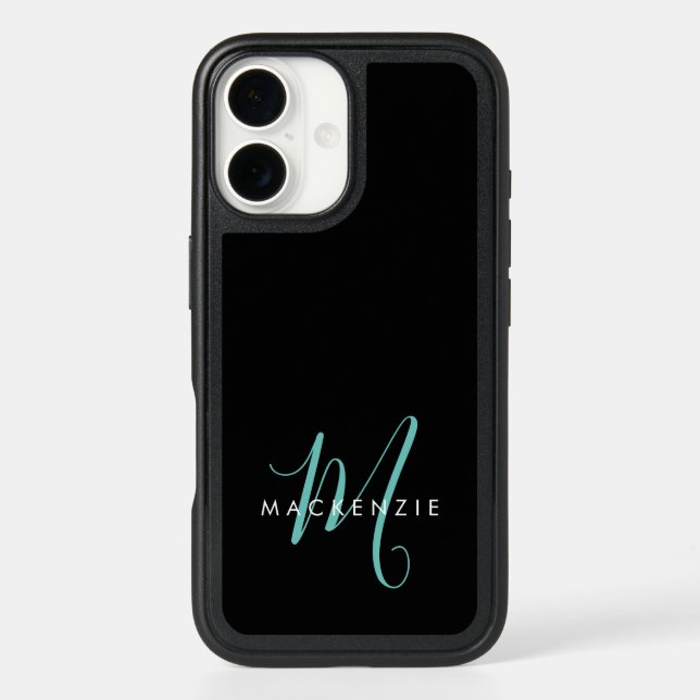 Elegant Modern Black Teal Script Monogram Otterbox iPhone Case (Back)