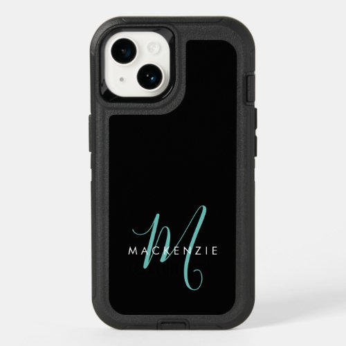 Elegant Modern Black Teal Script Monogram OtterBox iPhone 14 Case