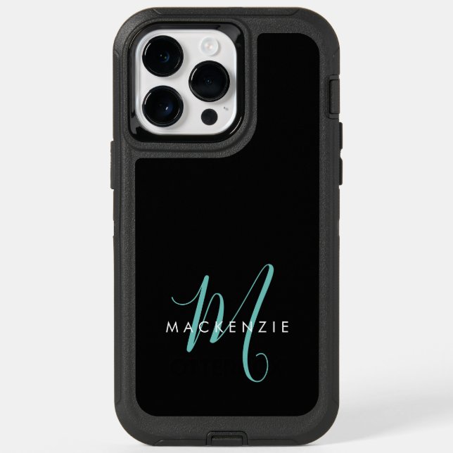 Elegant Modern Black Teal Script Monogram Otterbox iPhone Case (Back)