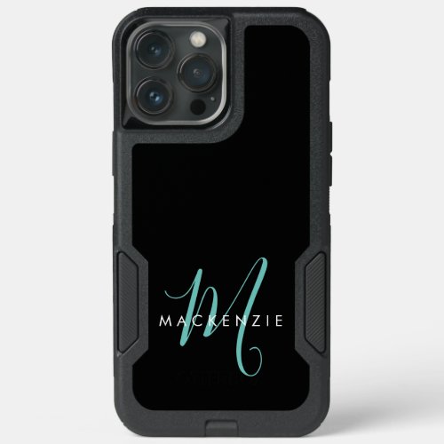 Elegant Modern Black Teal Script Monogram iPhone 13 Pro Max Case