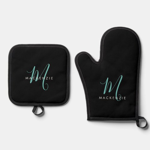 Elegant Modern Black Teal Script Monogram Oven Mitt  Pot Holder Set