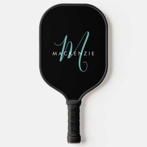 Elegant Modern Black Teal Script Monogram Pickleball Paddle