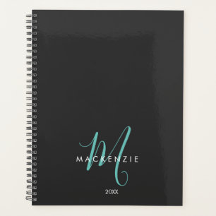 Elegant Modern Black Teal Script Monogram Planner