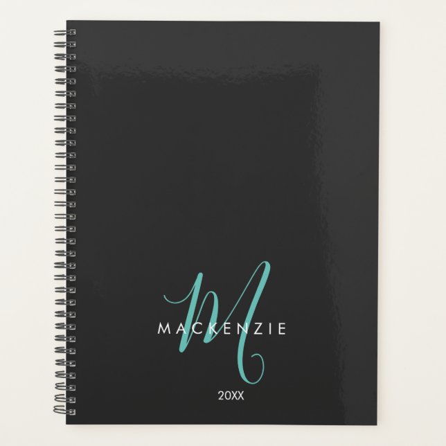 Elegant Modern Black Teal Script Monogram Planner (Front)