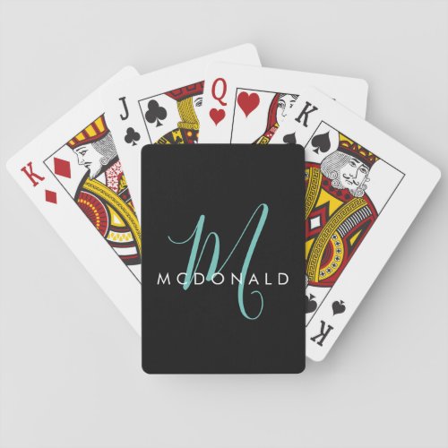 Elegant Modern Black Teal Script Monogram Playing Cards