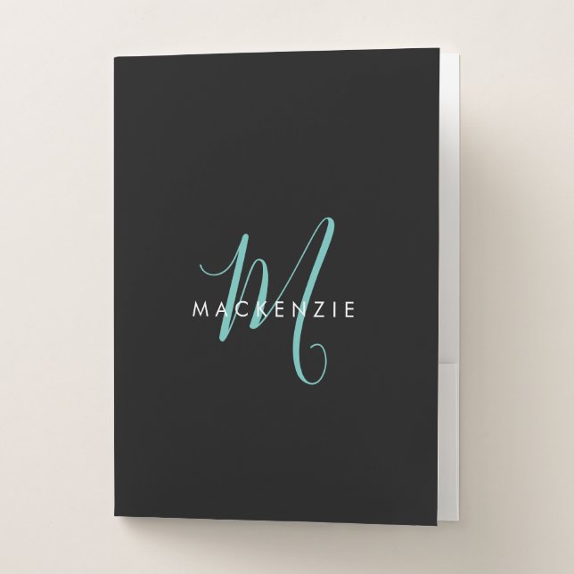 Elegant Modern Black Teal Script Monogram Pocket Folder (Front)
