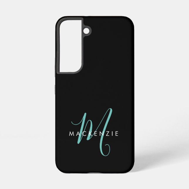 Elegant Modern Black Teal Script Monogram Samsung Galaxy Case (Back)