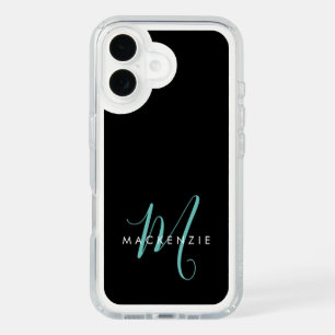 Elegant Modern Black Teal Script Monogram iPhone 16 Case