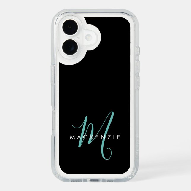 Elegant Modern Black Teal Script Monogram Speck iPhone Case (Front)