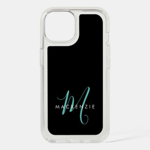 Elegant Modern Black Teal Script Monogram iPhone 15 Case