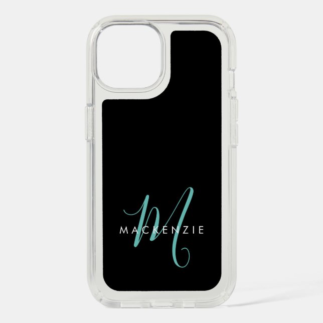 Elegant Modern Black Teal Script Monogram Speck iPhone Case (Front)