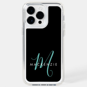 Elegant Modern Black Teal Script Monogram Speck iPhone 14 Pro Max Case