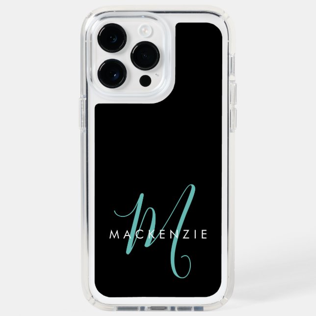 Elegant Modern Black Teal Script Monogram Speck iPhone Case (Front)