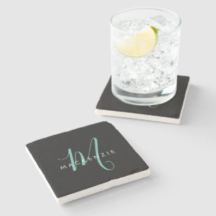 Elegant Modern Black Teal Script Monogram Stone Coaster