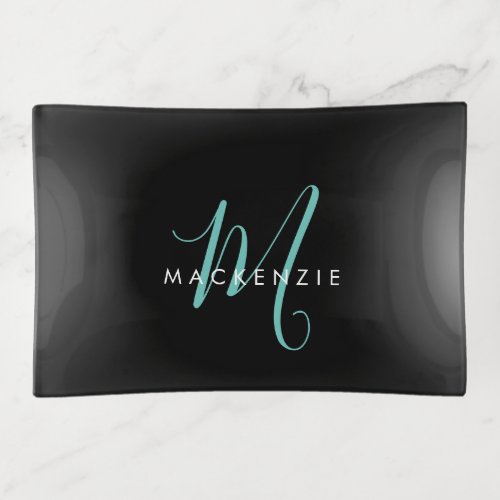 Elegant Modern Black Teal Script Monogram Trinket Tray