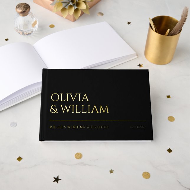 Elegant Modern Black Typography Wedding Foil Foil Guest Book (Front Open)
