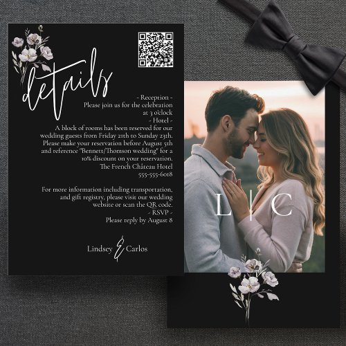 Elegant modern black wedding details QR code Enclosure Card