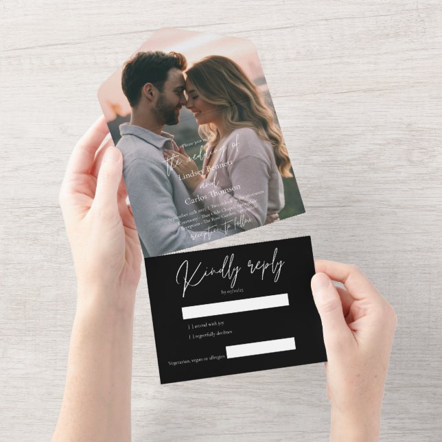 Elegant modern black wedding photo with RSVP All In One Invitation (Tearaway)