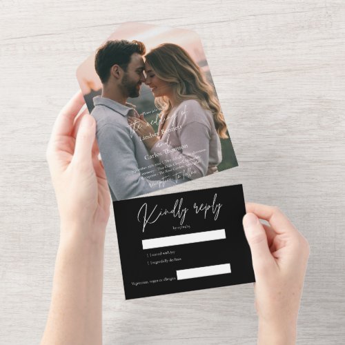 Elegant modern black wedding photo with RSVP All In One Invitation