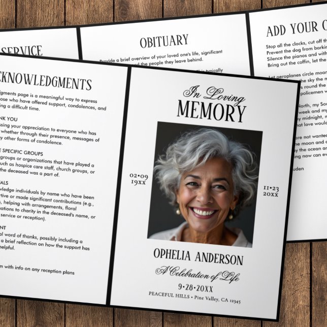 Elegant Modern Black & White 2-Photo Funeral Tri-Fold Program (Creator Uploaded)