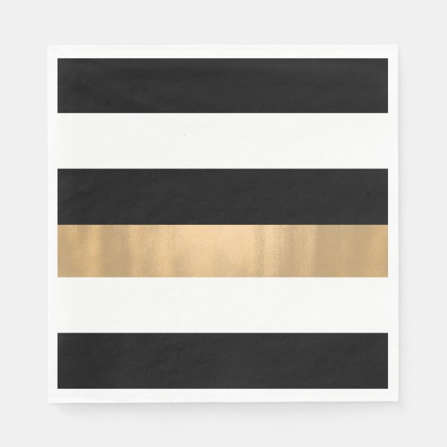 Elegant Modern Black, White and Gold Striped Napkins (Front)