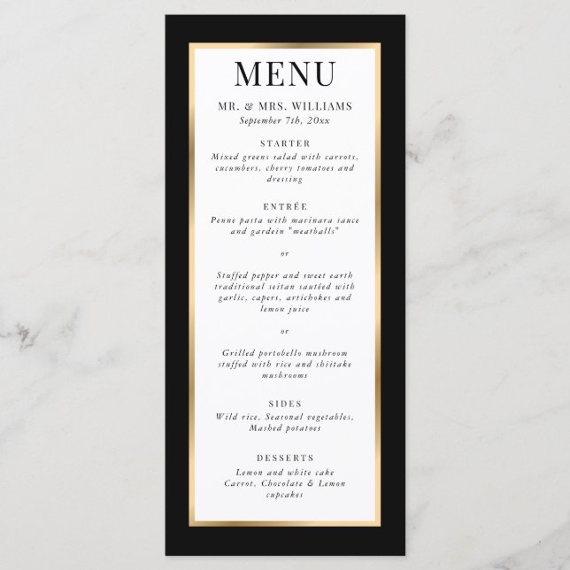 Elegant Modern Black White and Gold Wedding Menu (Front)