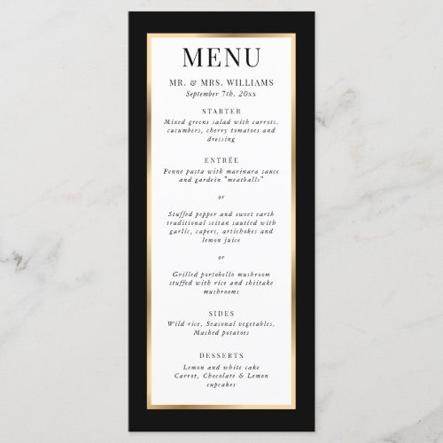 Elegant Modern Black White and Gold Wedding Menu