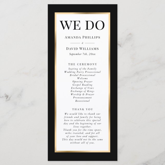Elegant Modern Black White and Gold Wedding Program (Front)