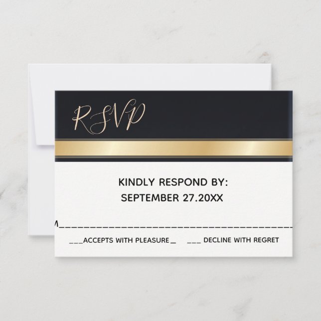 Elegant modern black white and gold wedding RSVP (Front)