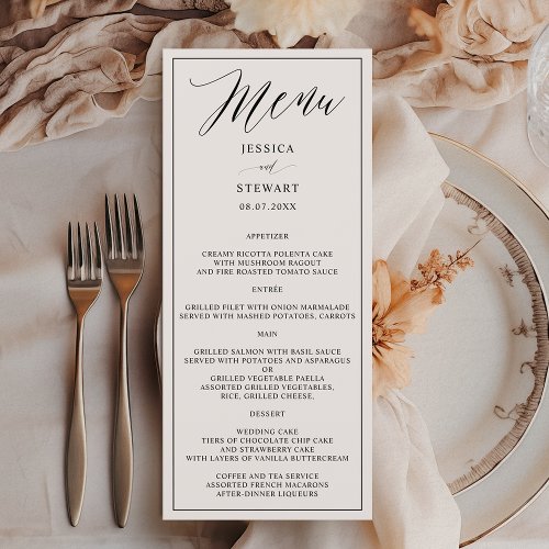 Elegant modern black white calligraphy wedding menu