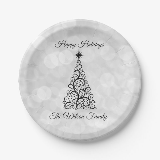 Elegant Modern Black White Christmas Holiday Party Paper Plates (Front)