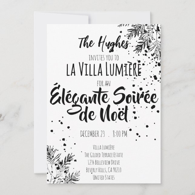 Elegant Modern Black & White Christmas Invite (Front)