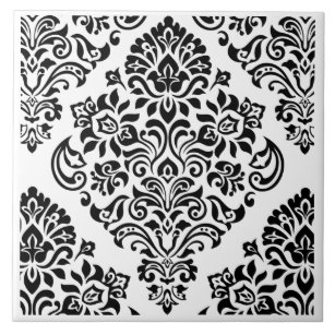 Elegant Modern Black White Damask Floral Trendy Ceramic Tile