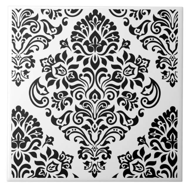 Elegant Modern Black White Damask Floral Trendy Ceramic Tile (Front)
