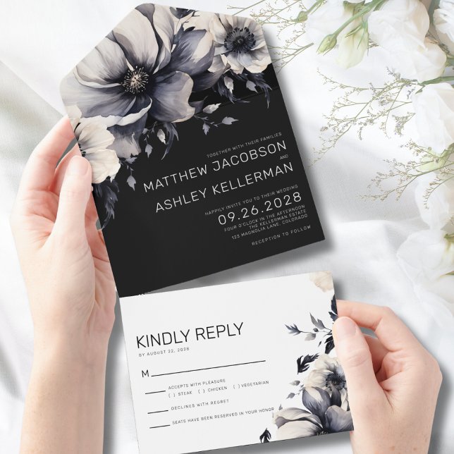Elegant Modern Black White Floral Wedding All In One Invitation (Elegant Modern Trendy Floral Black White Wedding All in One Invitation)