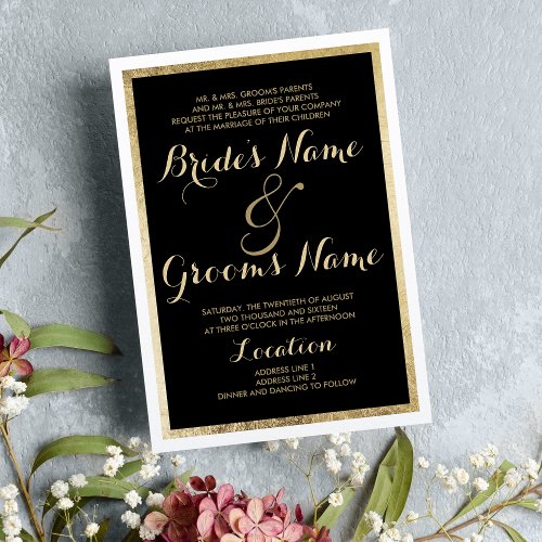 Elegant modern black white gold border Wedding Invitation