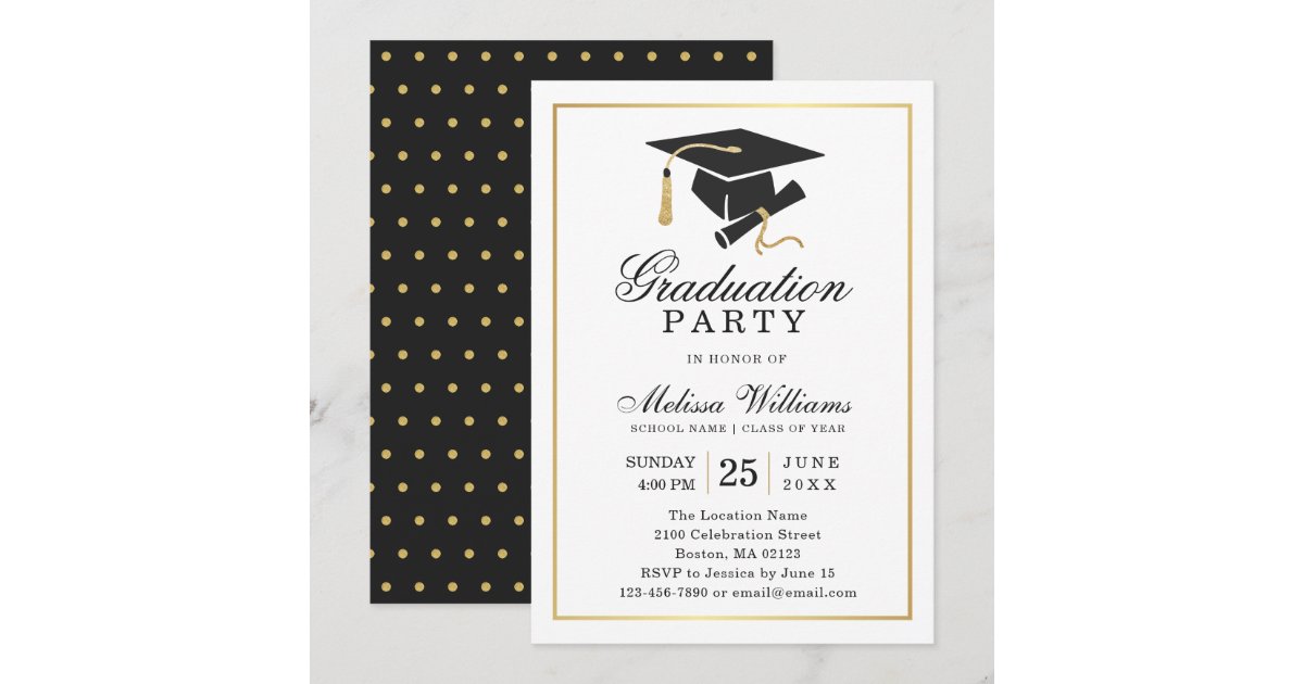 Elegant Modern Black White Gold Graduation Party Invitation | Zazzle