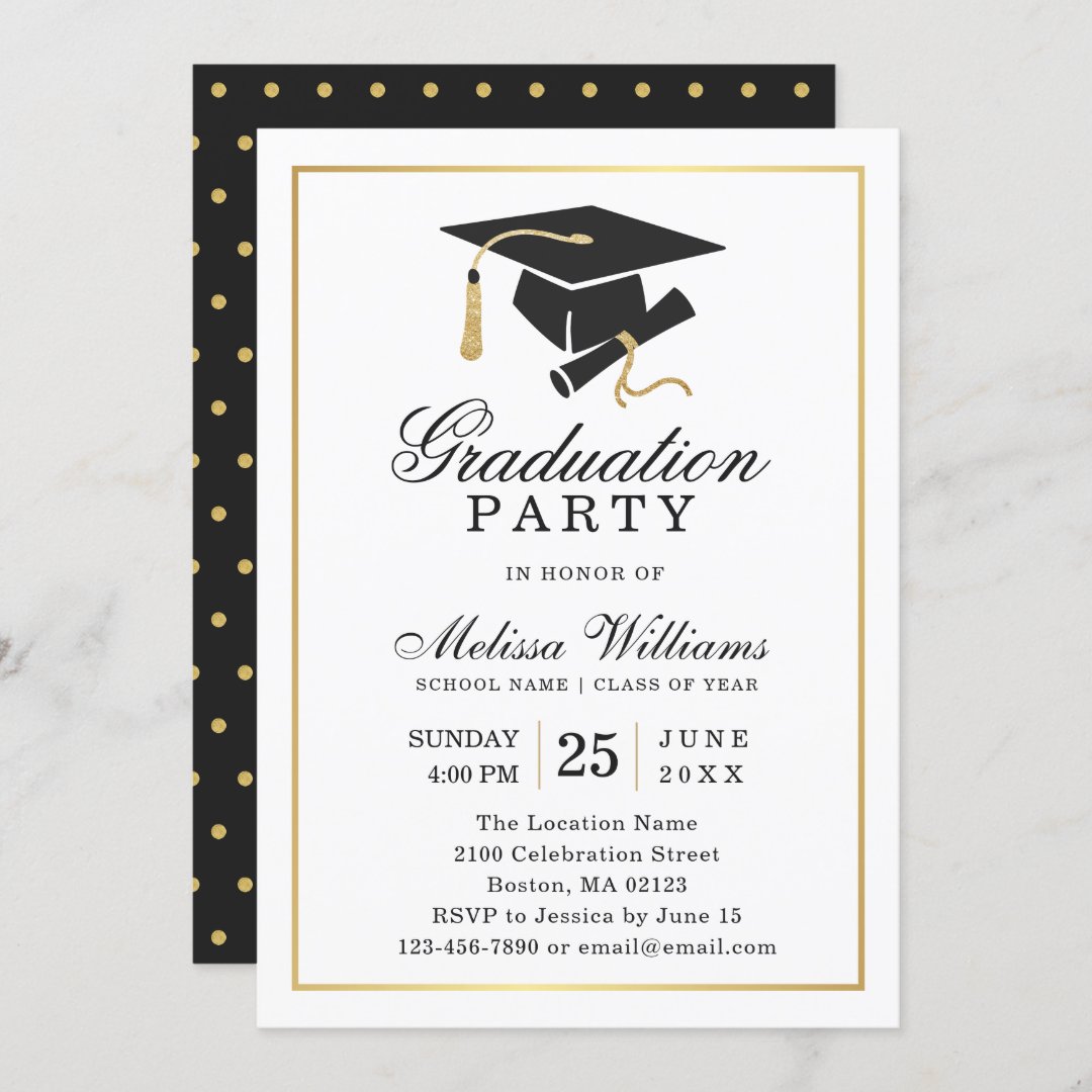 Elegant Modern Black White Gold Graduation Party Invitation | Zazzle