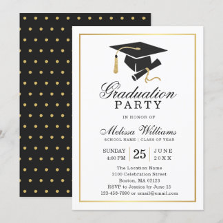 Elegant Modern Black White Gold Graduation Party Invitation