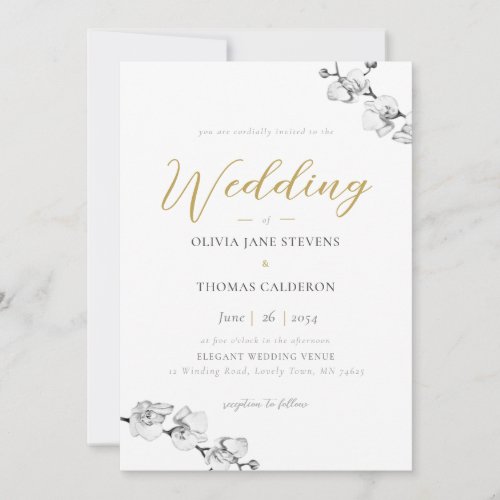 Elegant Modern Black White Gold Orchid Wedding Invitation