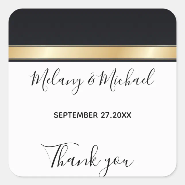Elegant modern black white & gold Thank you Square Sticker | Zazzle