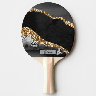 Elegant Modern Black White Liquid Marble Name Ping Pong Paddle