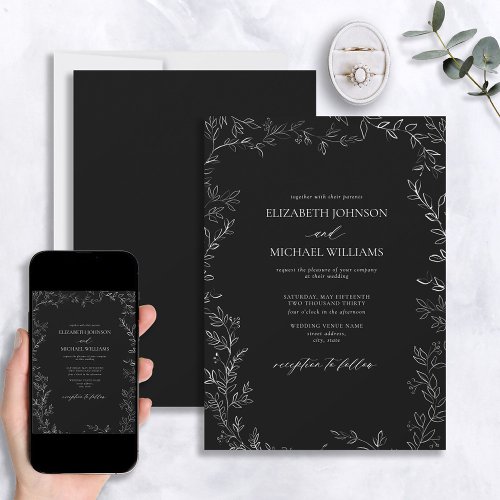 Elegant Modern Black  White Minimal Leaf Wedding Invitation