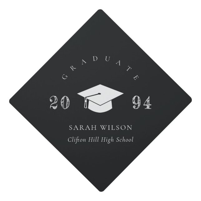 Elegant Modern Black & White Minimal Simple Graduation Cap Topper (Front)