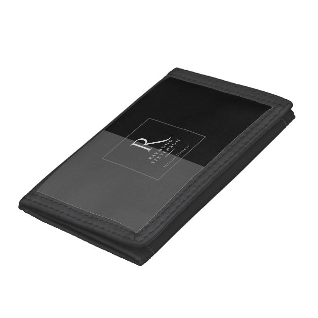 Elegant Modern Black White Monogrammed Photo Trifold Wallet (Bottom)