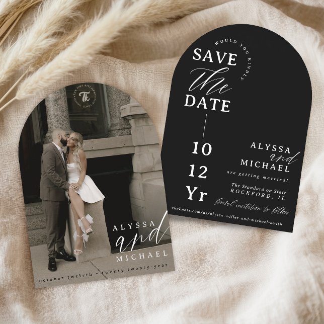 Elegant Modern Black & White Photo Arch Wedding Save The Date (Modern black and white elegant simple arch calligraphy script engagement photo wedding save the date)